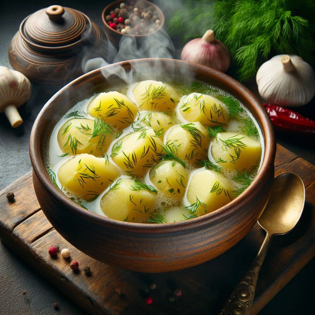 Creamy Slovak potato soup garnished with fresh dill