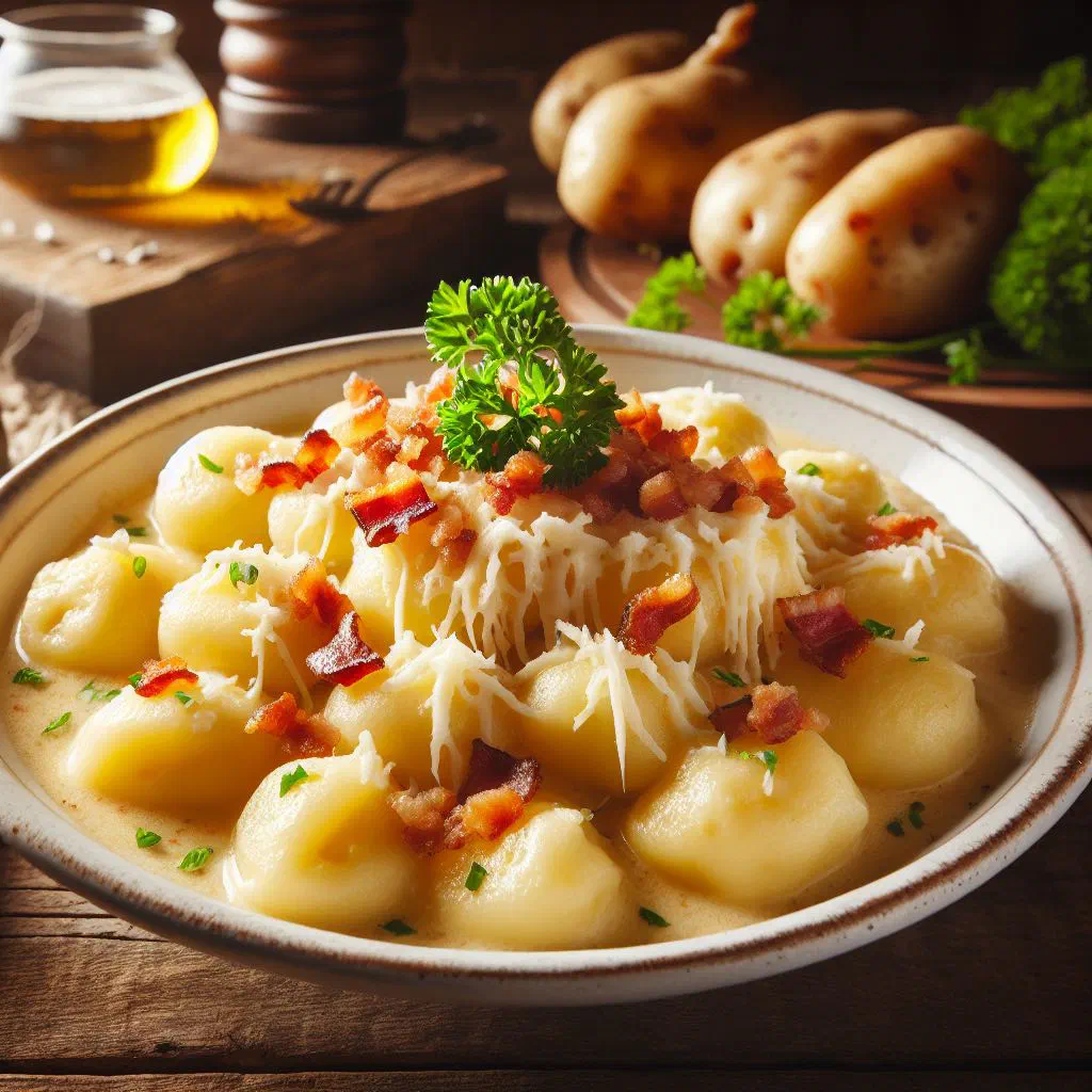 Slovak potato dumplings topped with crumbled cheese and crispy bacon