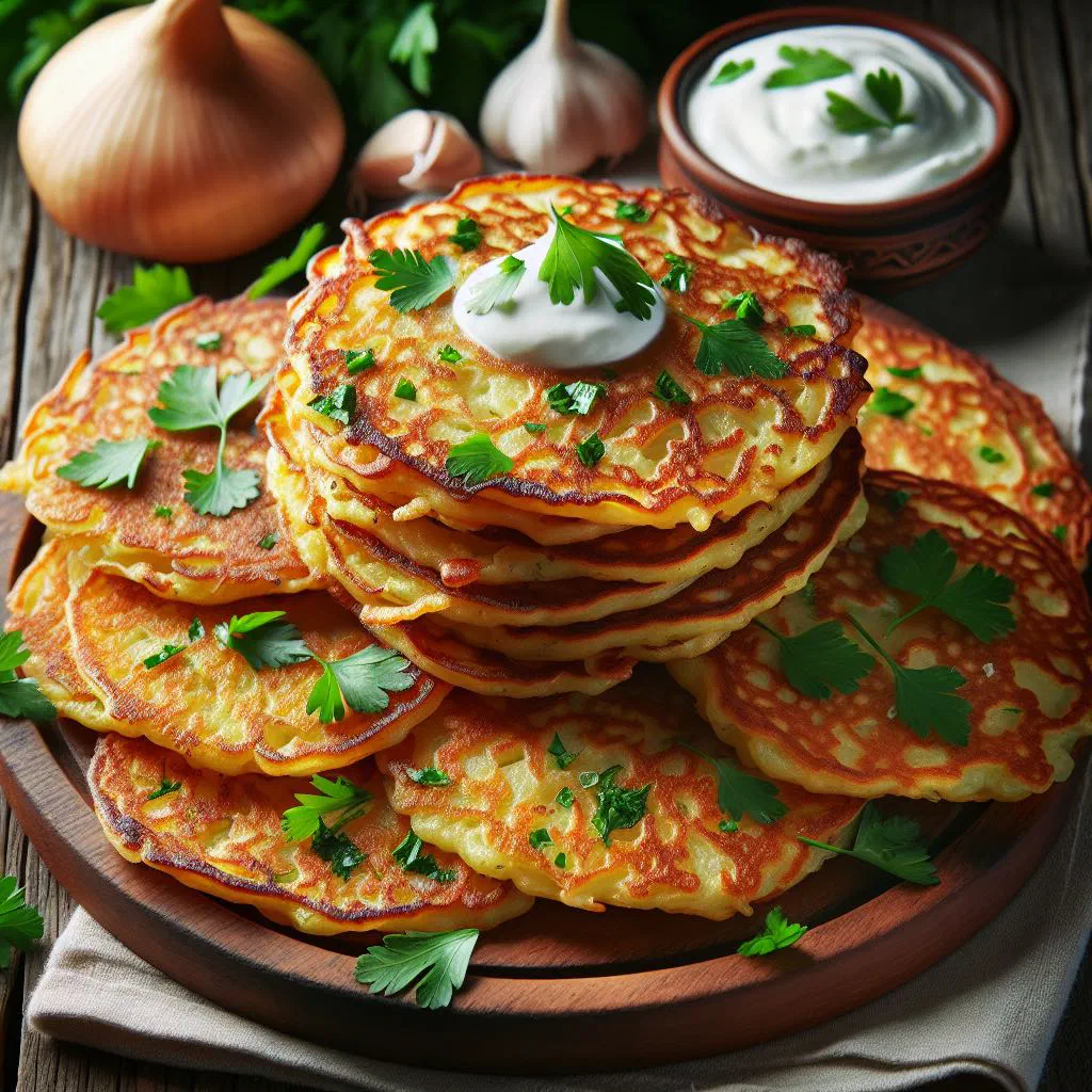 Crispy golden Slovak garlic potato pancakes served on a plate