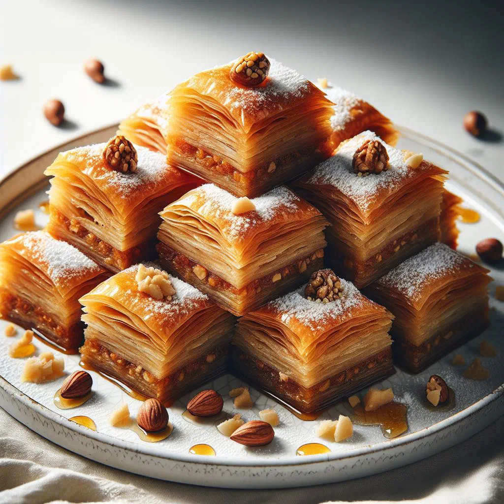 Diamond-cut slices of Idrijska baklava layered with nuts and glazed with syrup