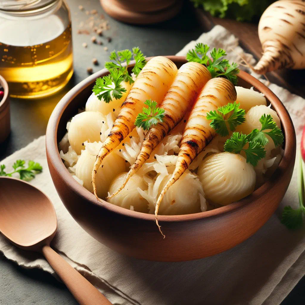 Bowl of fermented Slovenian turnips garnished with fresh herbs