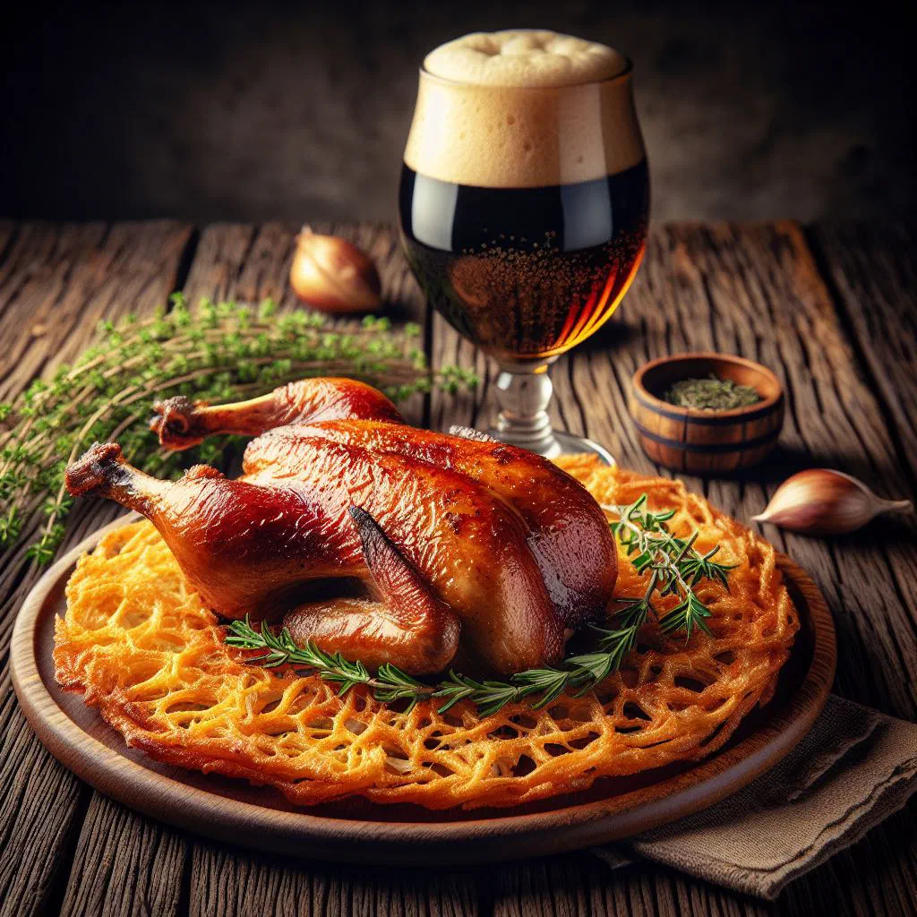 Roast duck with crispy skin served over soft mlinci soaked in pan juices