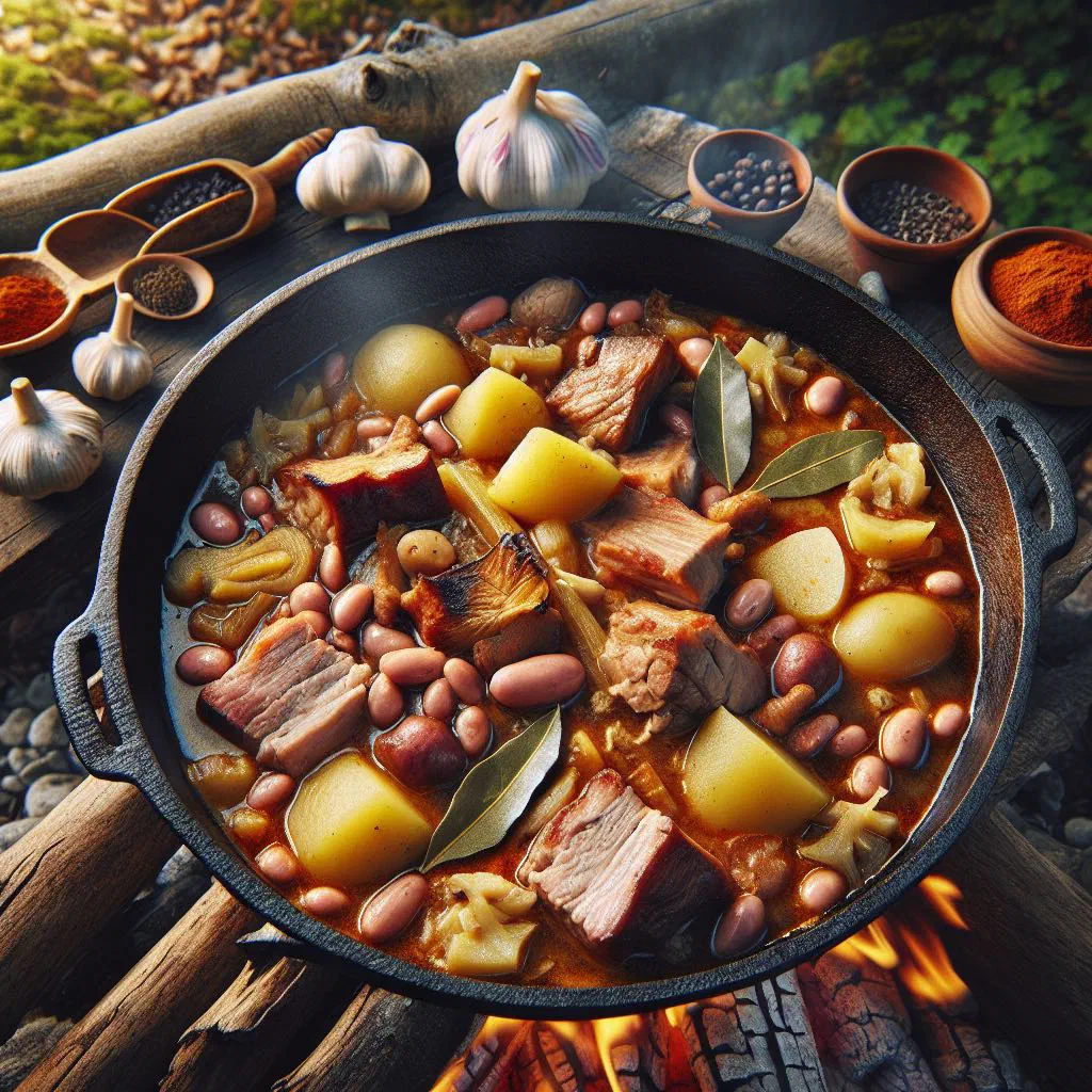 A rustic bowl of Pohorski lonec stew with tender meat, potatoes and carrots