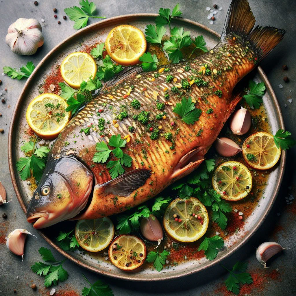 Golden roasted carp garnished with fresh herbs and lemon slices