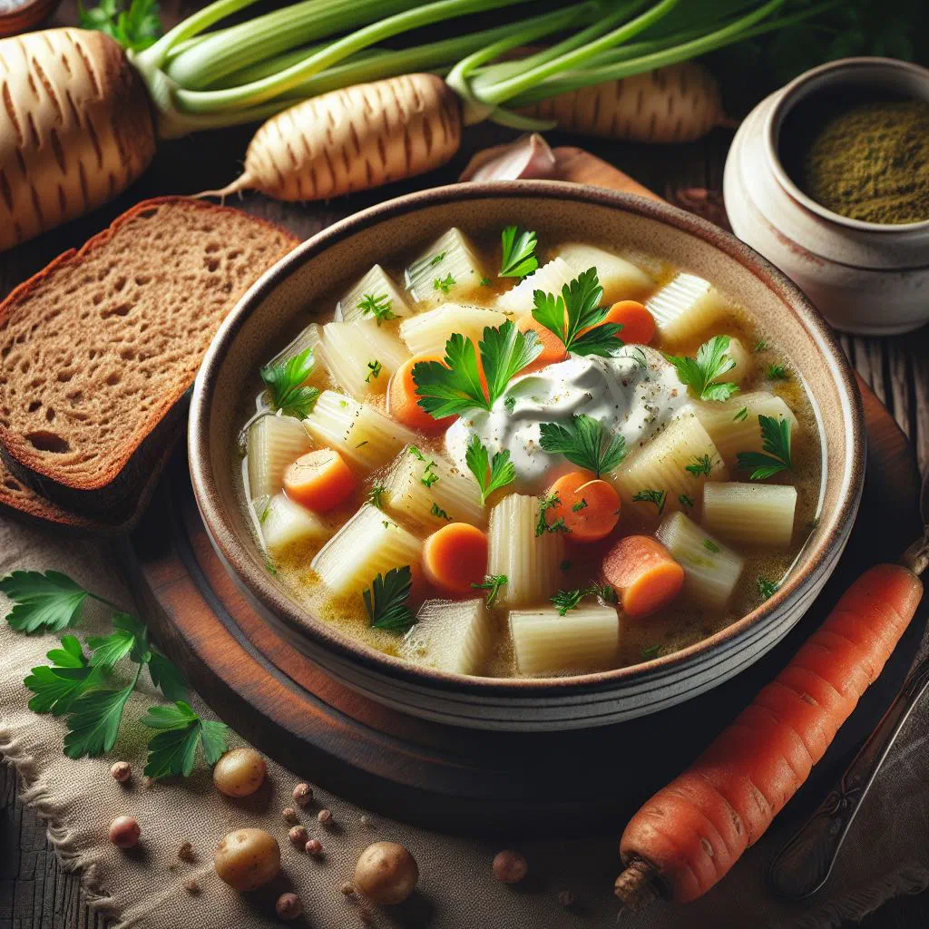 A bowl of Šelinka potato stew garnished with fresh parsley