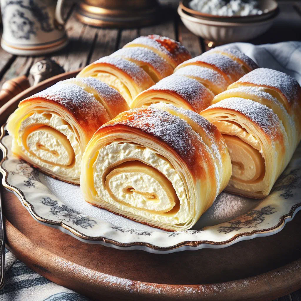 Sweet Slovenian sladki štruklji rolls dusted with icing sugar on a plate