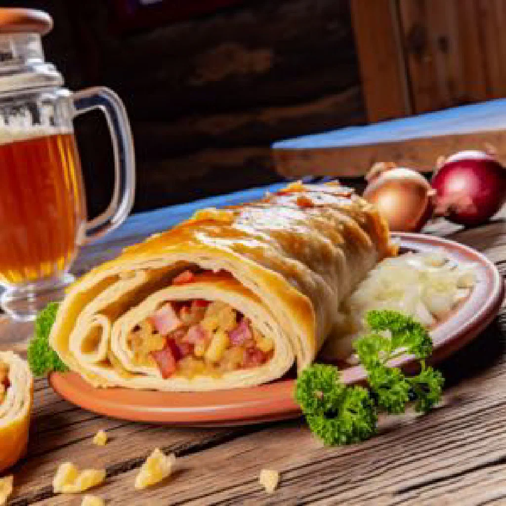 Špehovka with diced pork and crisp bacon in a rustic bowl