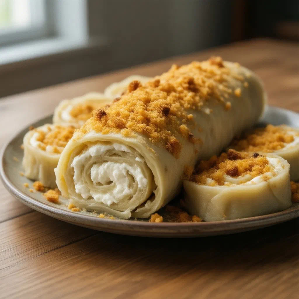Slovenian štruklji rolls sliced and drizzled with melted butter