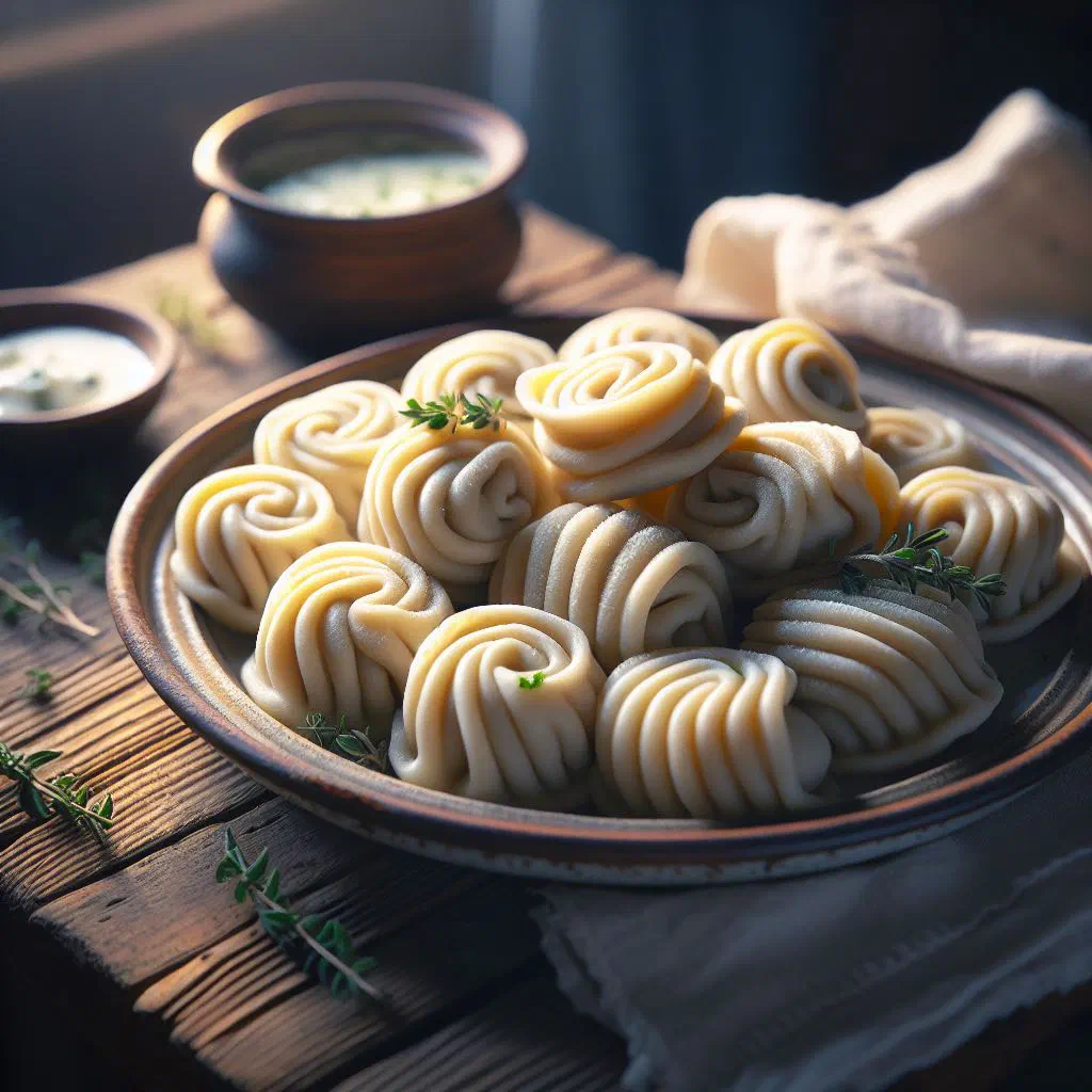 Sliced tarragon štruklji dumpling rolls on a white plate