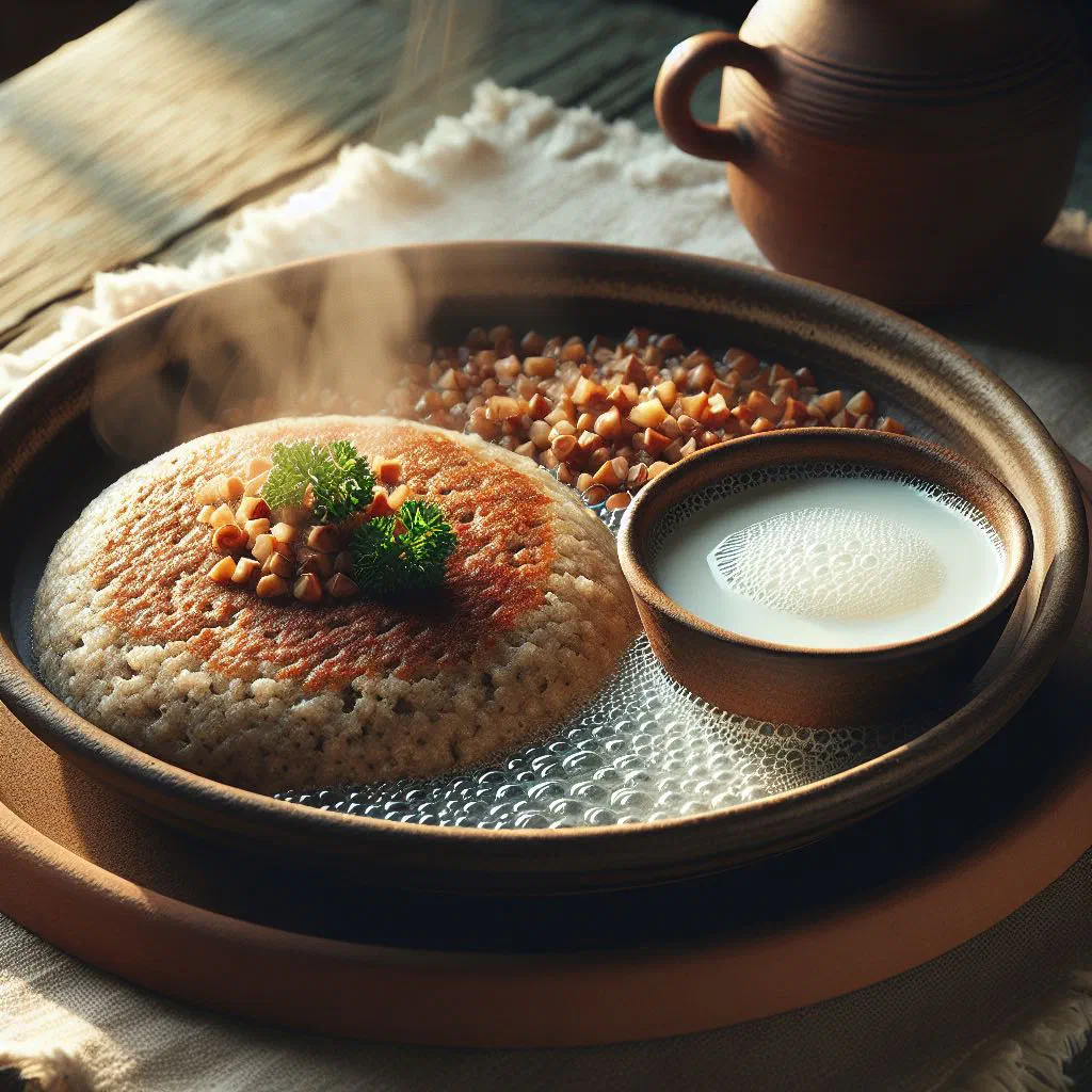 Bowl of cornmeal žganci served with a pouring of sour milk
