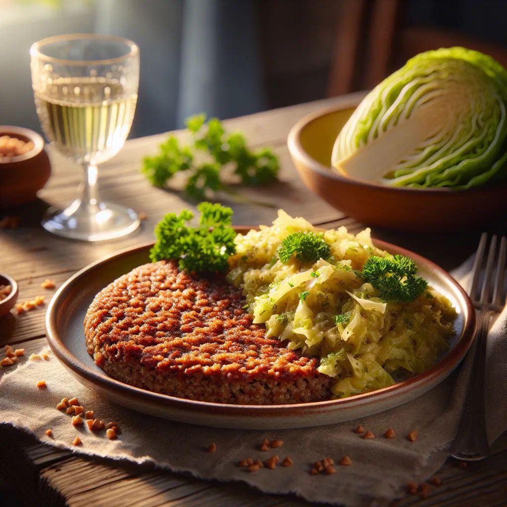 Golden cornmeal porridge topped with sautéed sauerkraut on a rustic plate