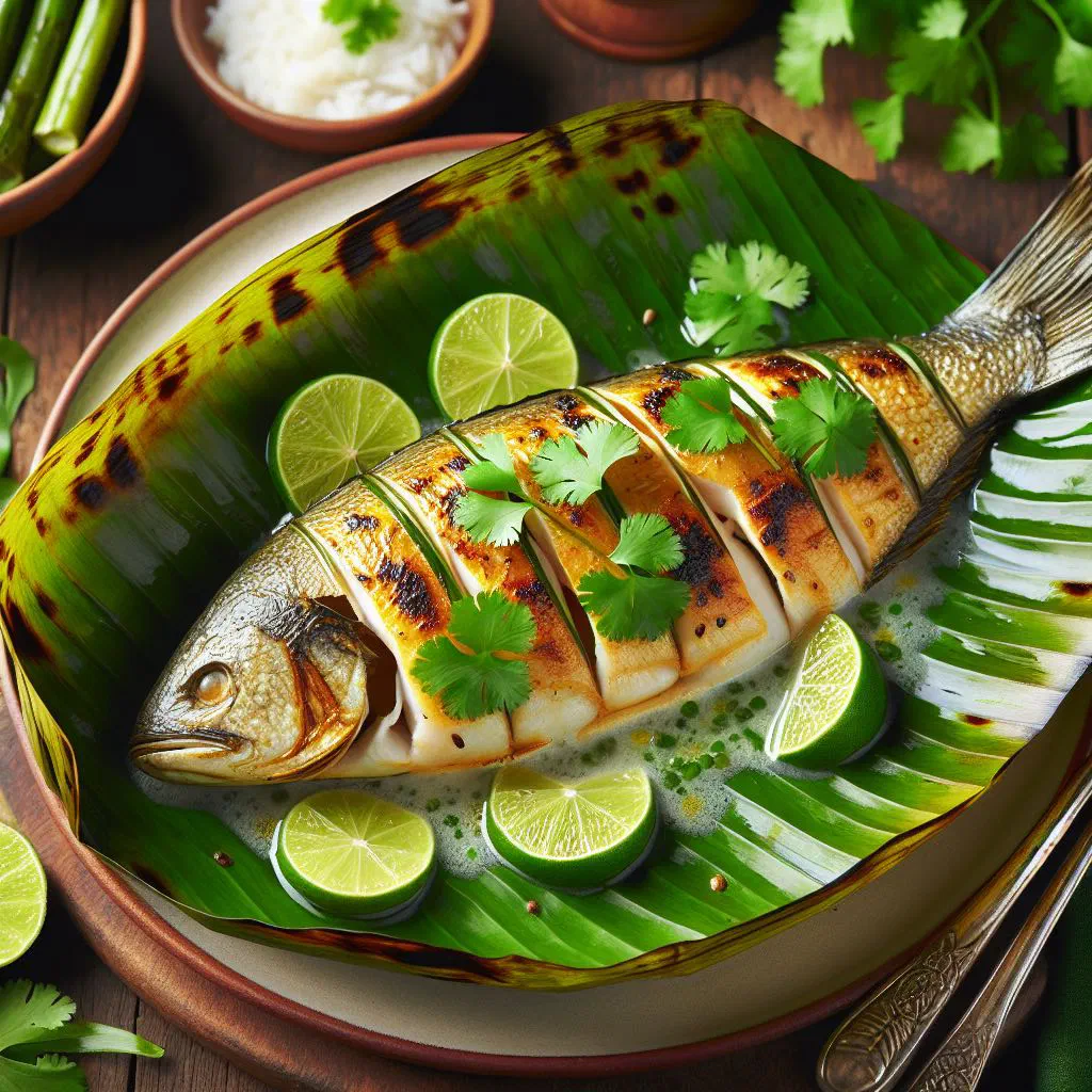 Fish fillets wrapped in banana leaves, steamed and garnished with lime and fresh herbs