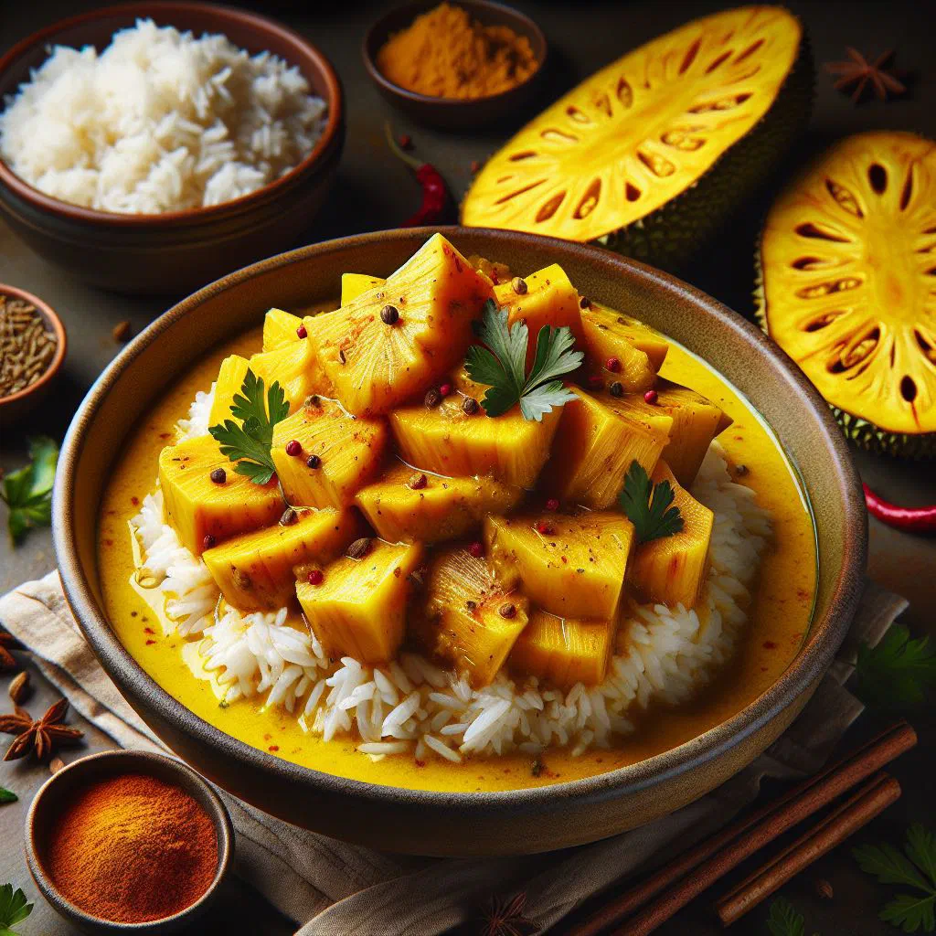Breadfruit curry in coconut sauce garnished with fresh coriander