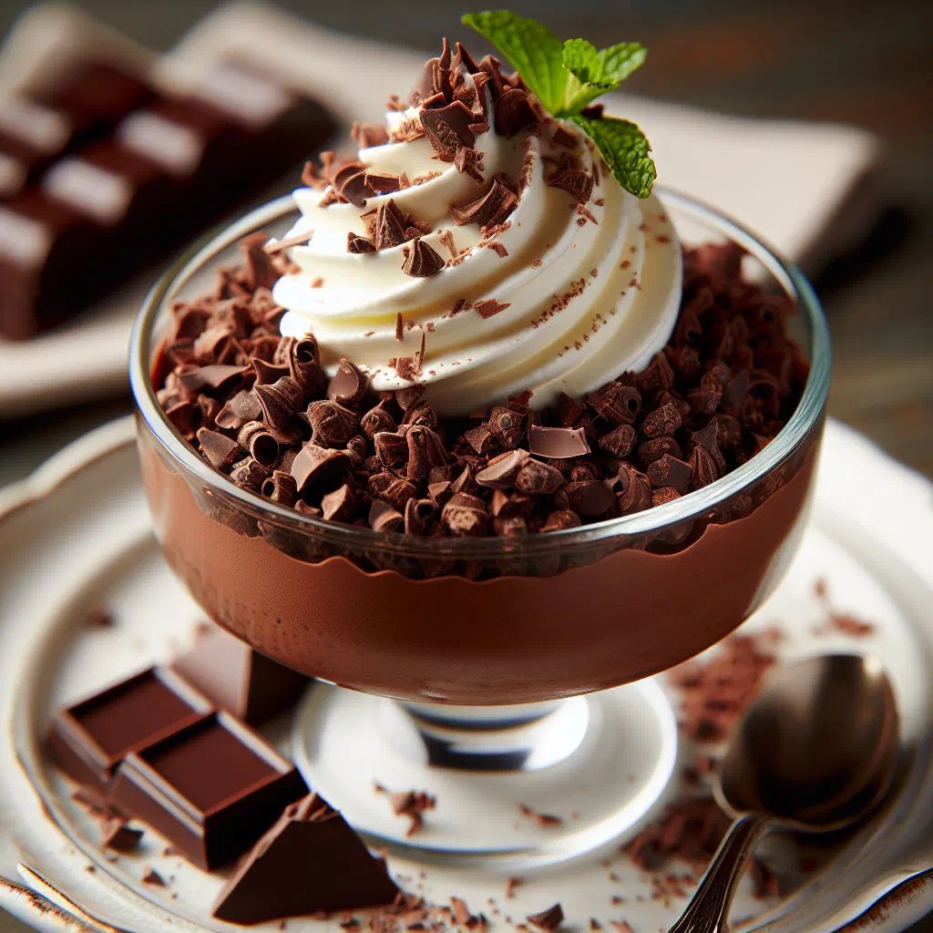 Creamy cacao nib dessert in a bowl topped with fresh tropical fruit