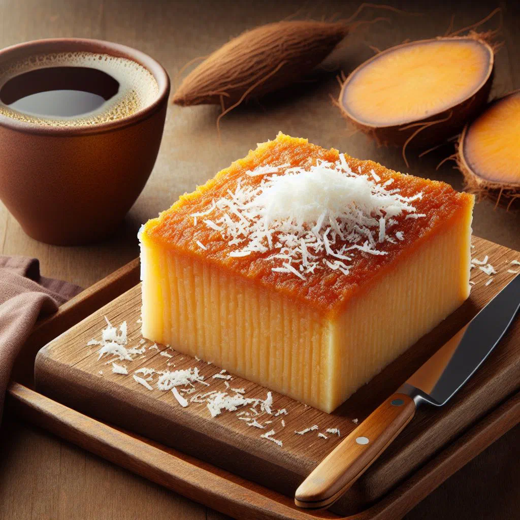 Golden baked cassava pone squares dusted with coconut