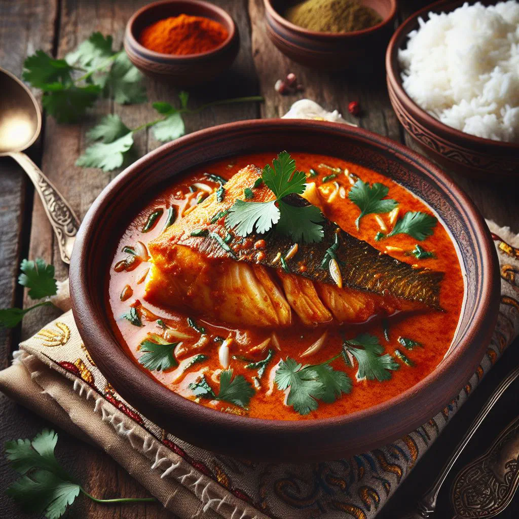 Coconut fish curry in a creamy sauce garnished with fresh coriander