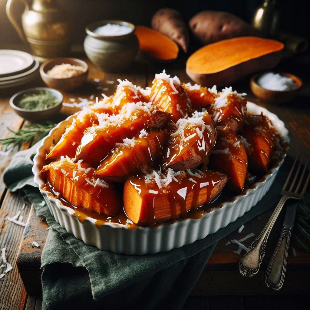 Coconut glazed sweet potato cubes sprinkled with sesame seeds