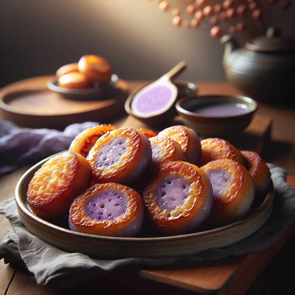 Golden fried taro cakes stacked on a plate with fresh herbs