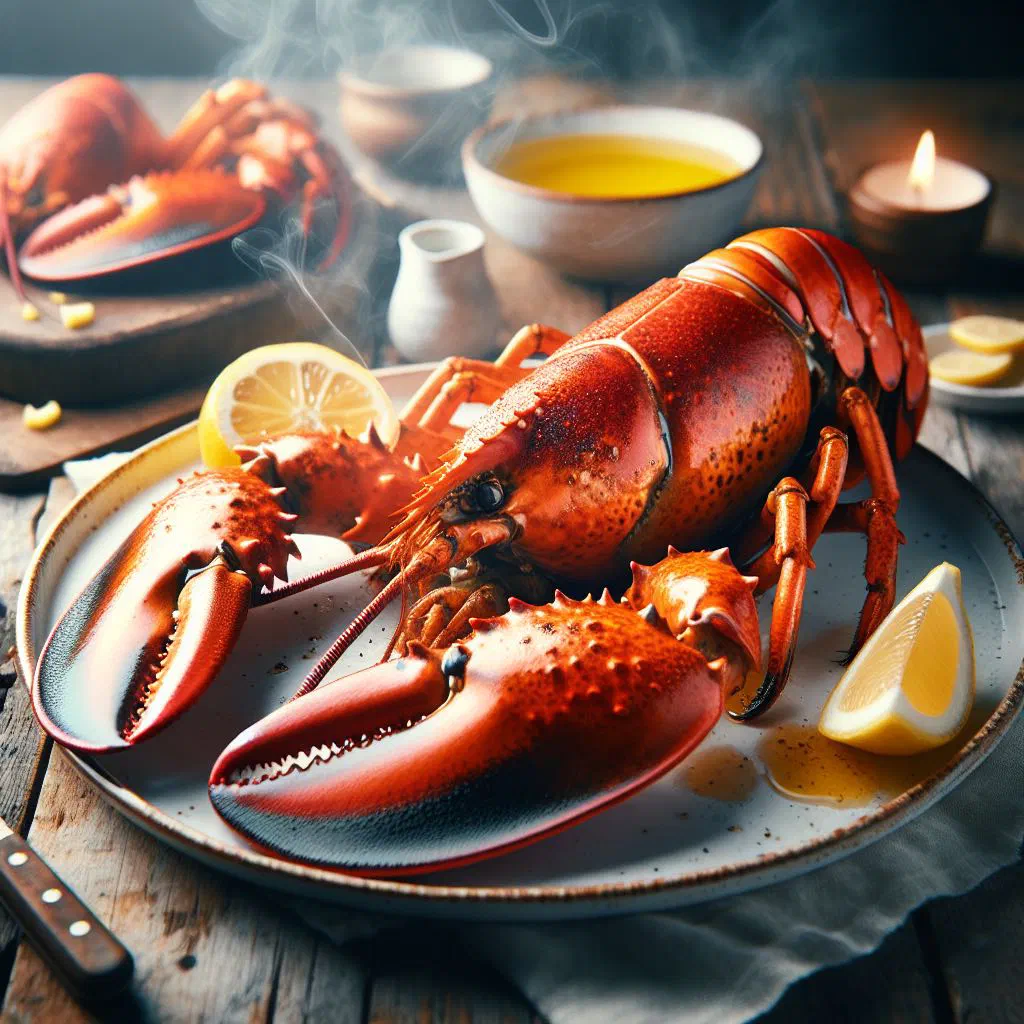 Grilled lobster halves garnished with fresh parsley and lemon