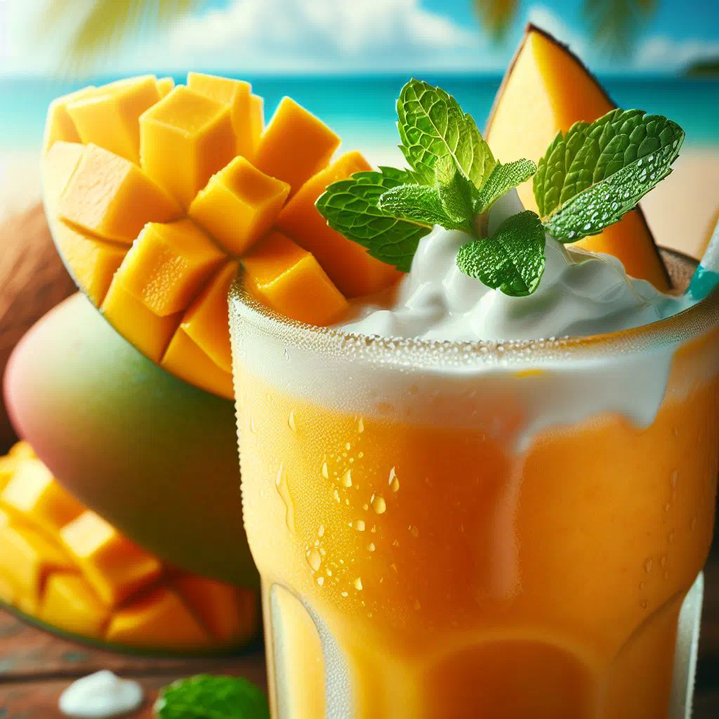 Creamy mango coconut smoothie in a glass with fresh mango and mint