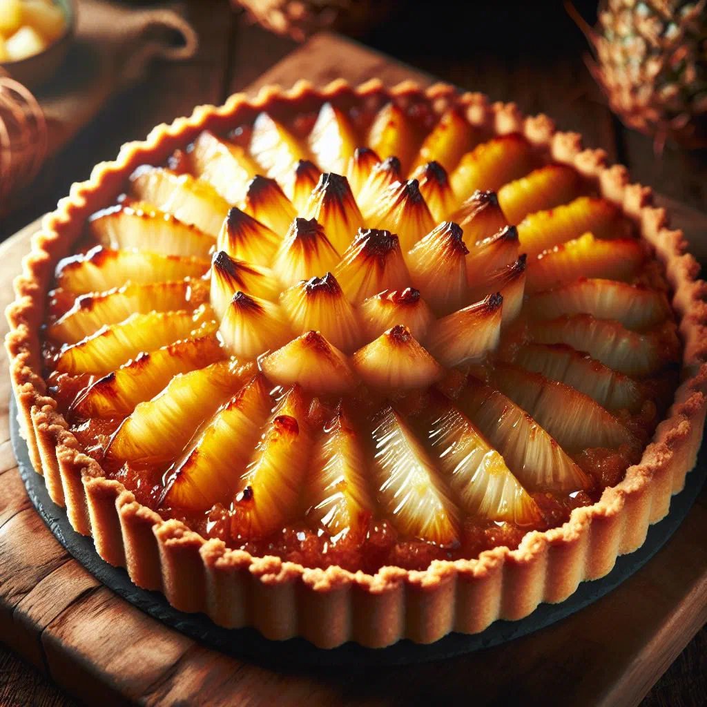 Golden pineapple coconut tart topped with toasted coconut