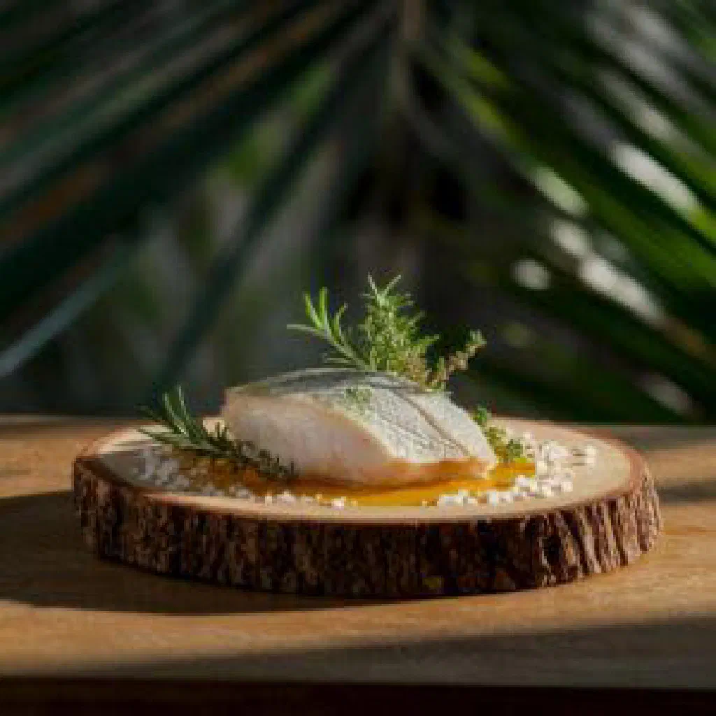 Poached reef fish topped with fresh herbs and lime on a plate