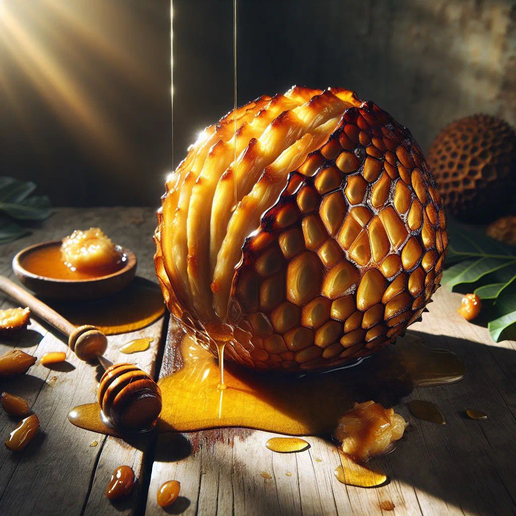 Golden roasted breadfruit pieces drizzled with honey on a plate