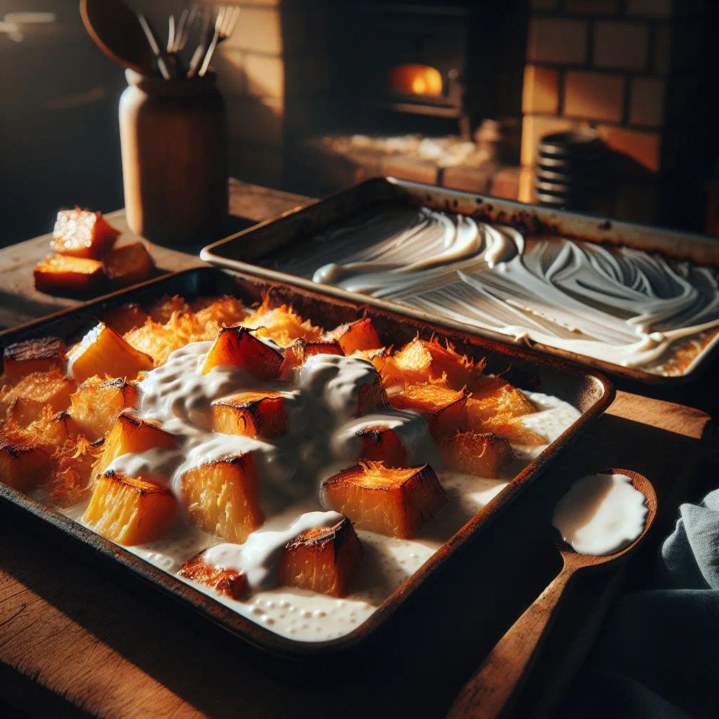 Golden roasted taro pieces drizzled with warm coconut cream and fresh herbs