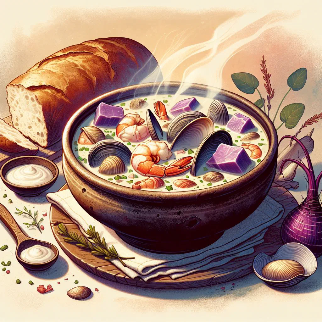Creamy seafood chowder with taro and coconut milk, garnished with coriander