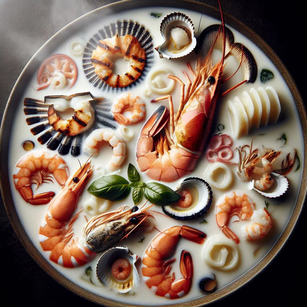 Seafood medley of prawns and fish simmered in a creamy coconut broth