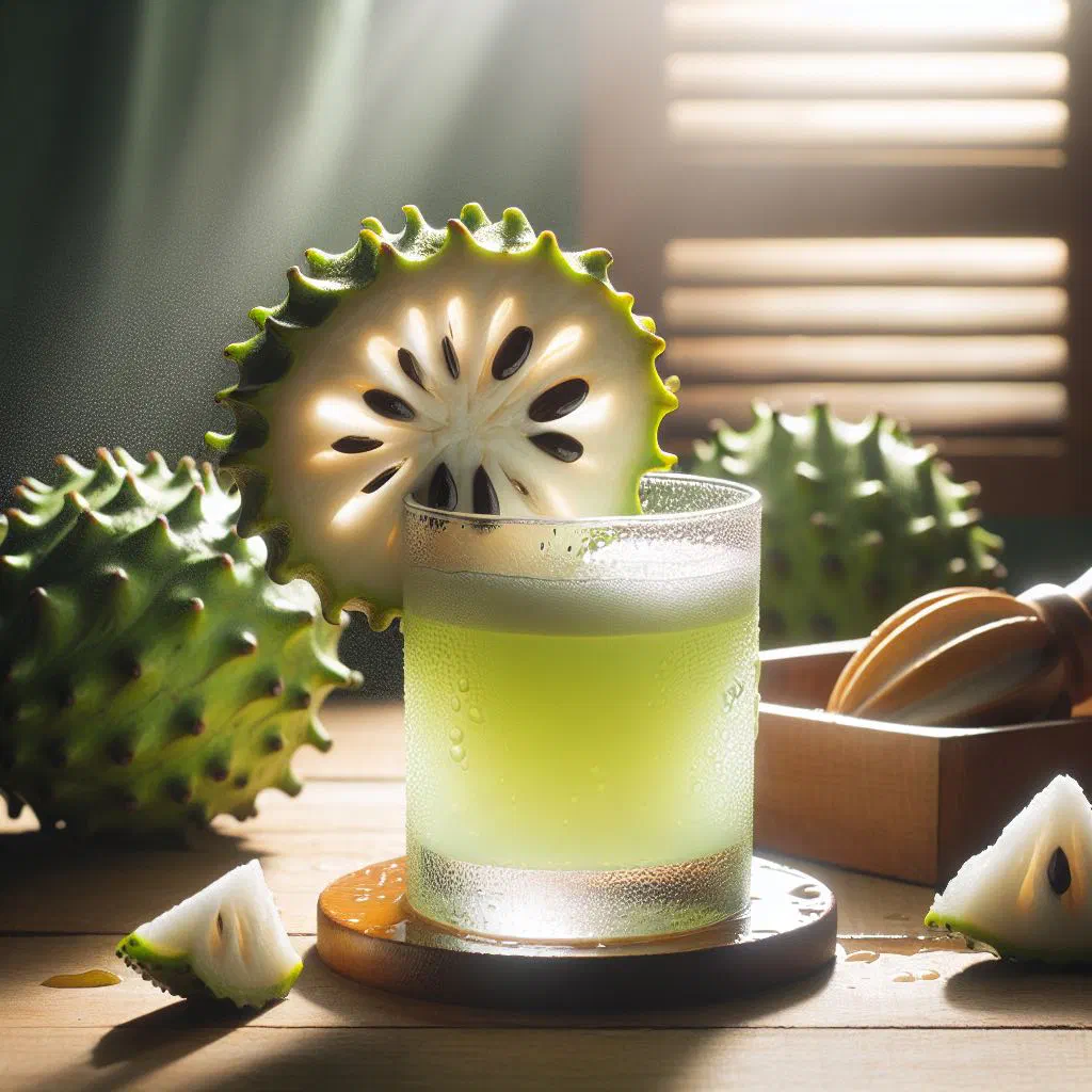A glass of creamy soursop juice with ice and a slice of lime