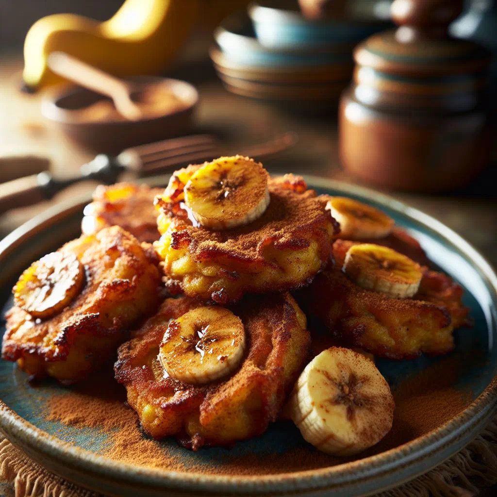 Golden spiced banana fritters dusted with cinnamon sugar on a plate