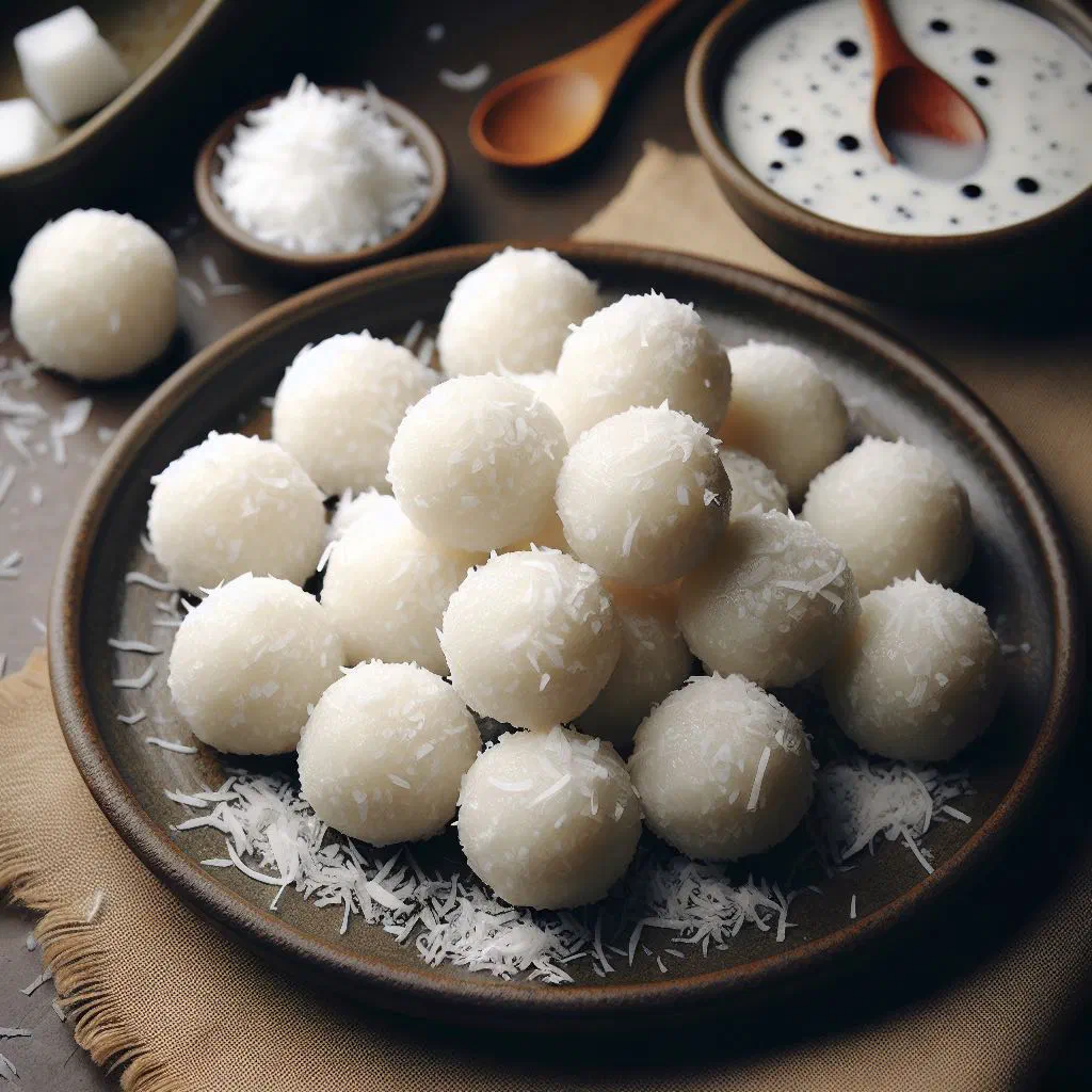 Sweet coconut dumplings dusted with icing sugar on a plate