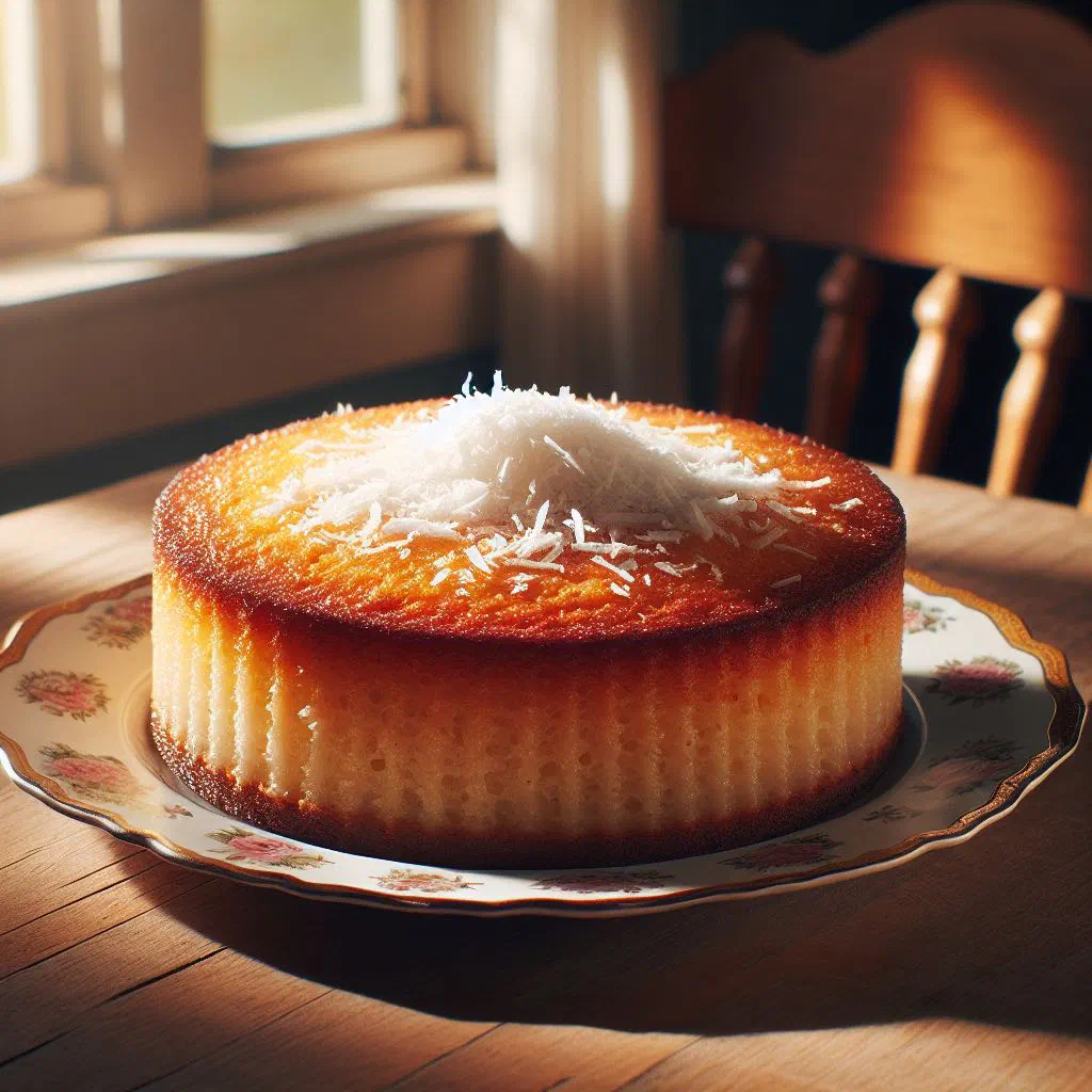 Sliced tapioca cake topped with grated coconut