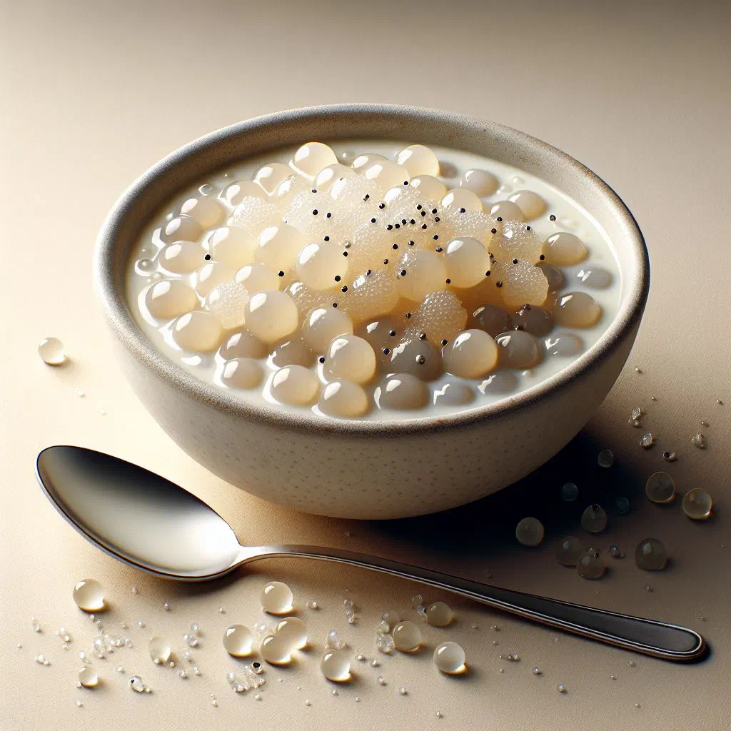Creamy tapioca pudding in a bowl topped with fresh fruit
