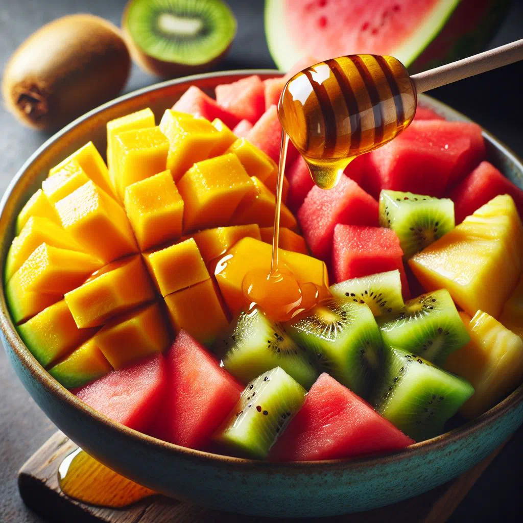 Colourful tropical fruit salad with mango, pineapple and papaya drizzled with honey