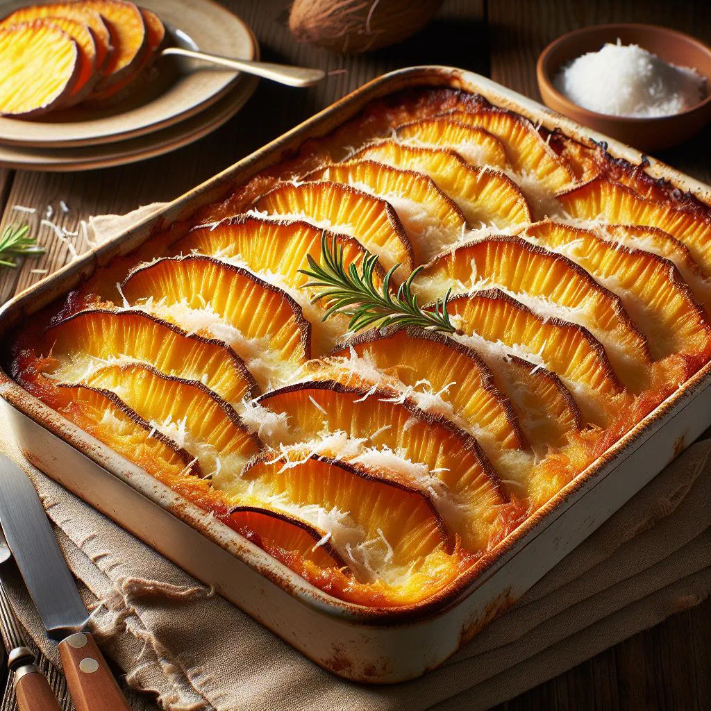 Golden baked yam and coconut dish topped with desiccated coconut