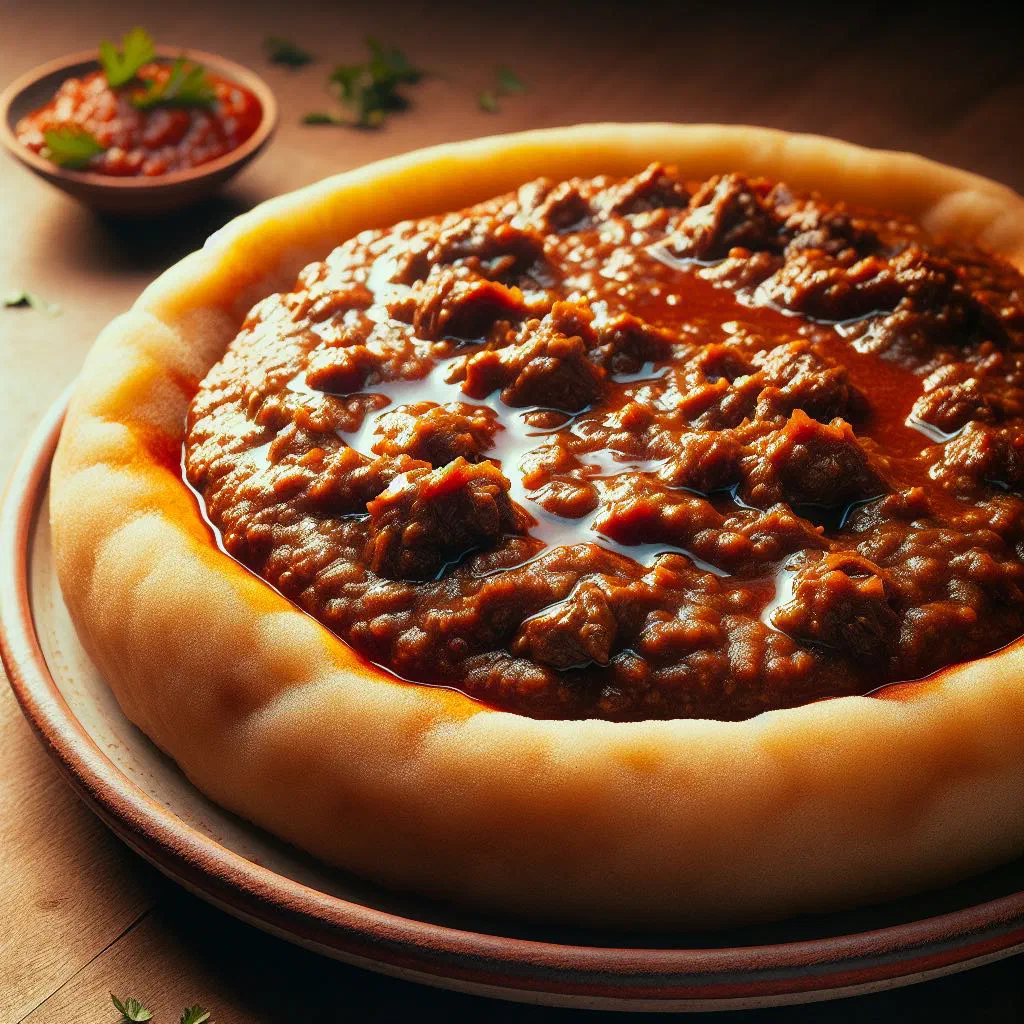 Stacked Somali anjero pancakes served with a spiced beef meat sauce
