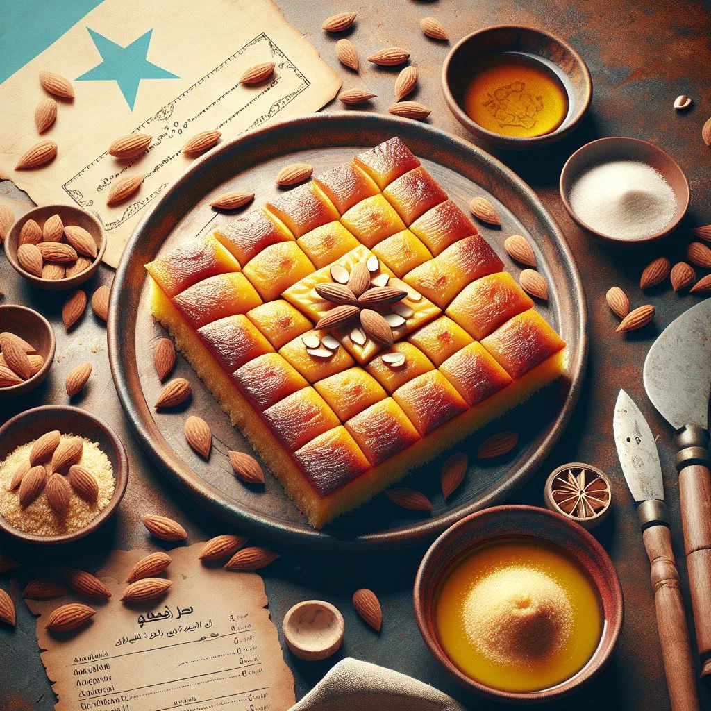 Diamond-cut basbousa semolina cake glazed with syrup and topped with nuts