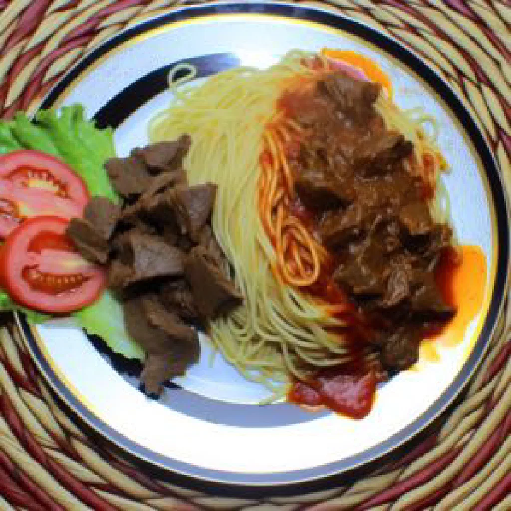 Bowl of Somali basto with spiced rice, tender meat, carrots and peas