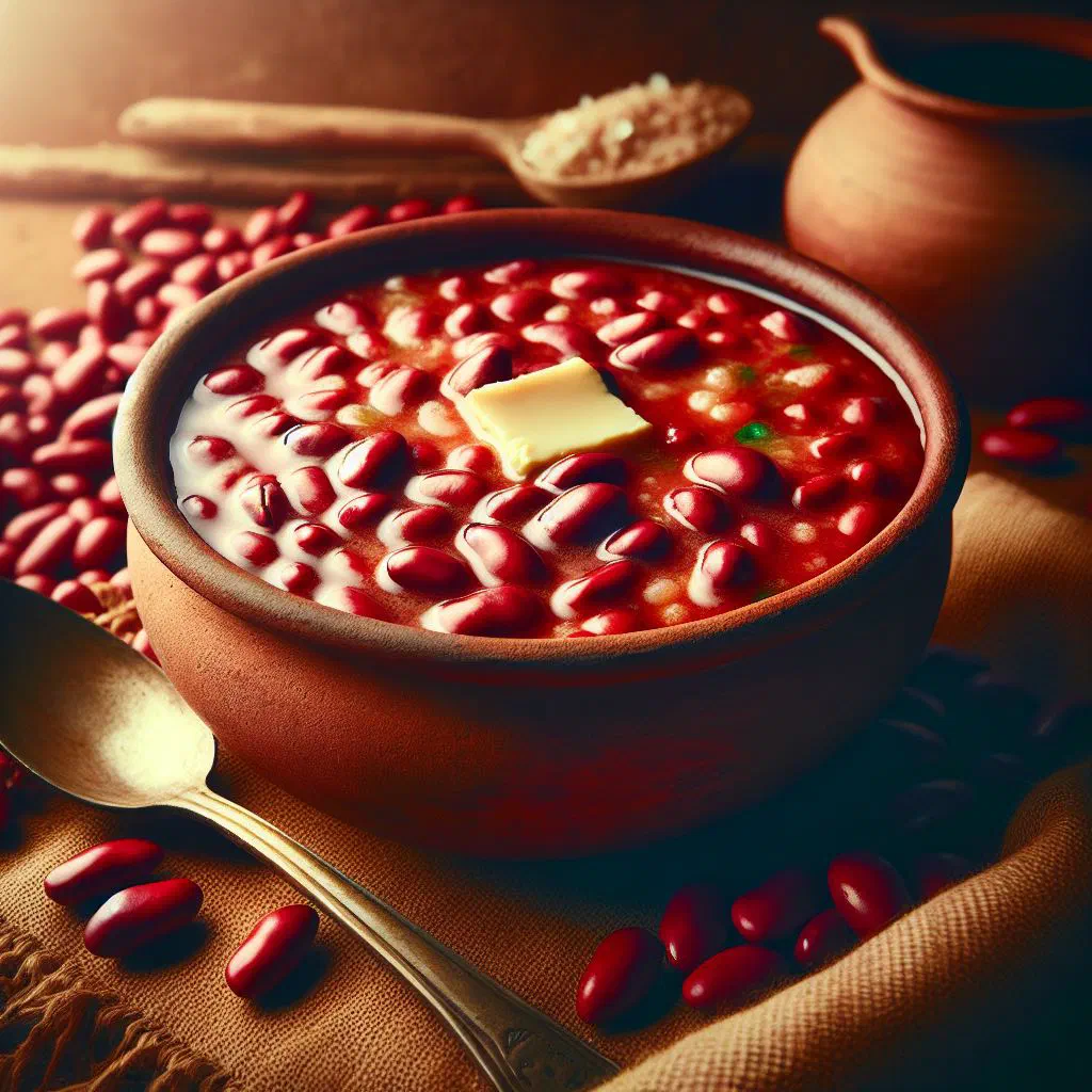 Bowl of Somali cambuulo with beans, rice and coconut milk, garnished with fresh herbs