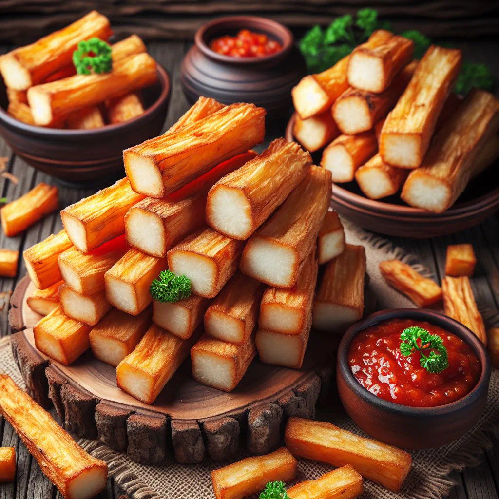 Golden fried cassava sticks piled on a plate with a sprinkle of salt