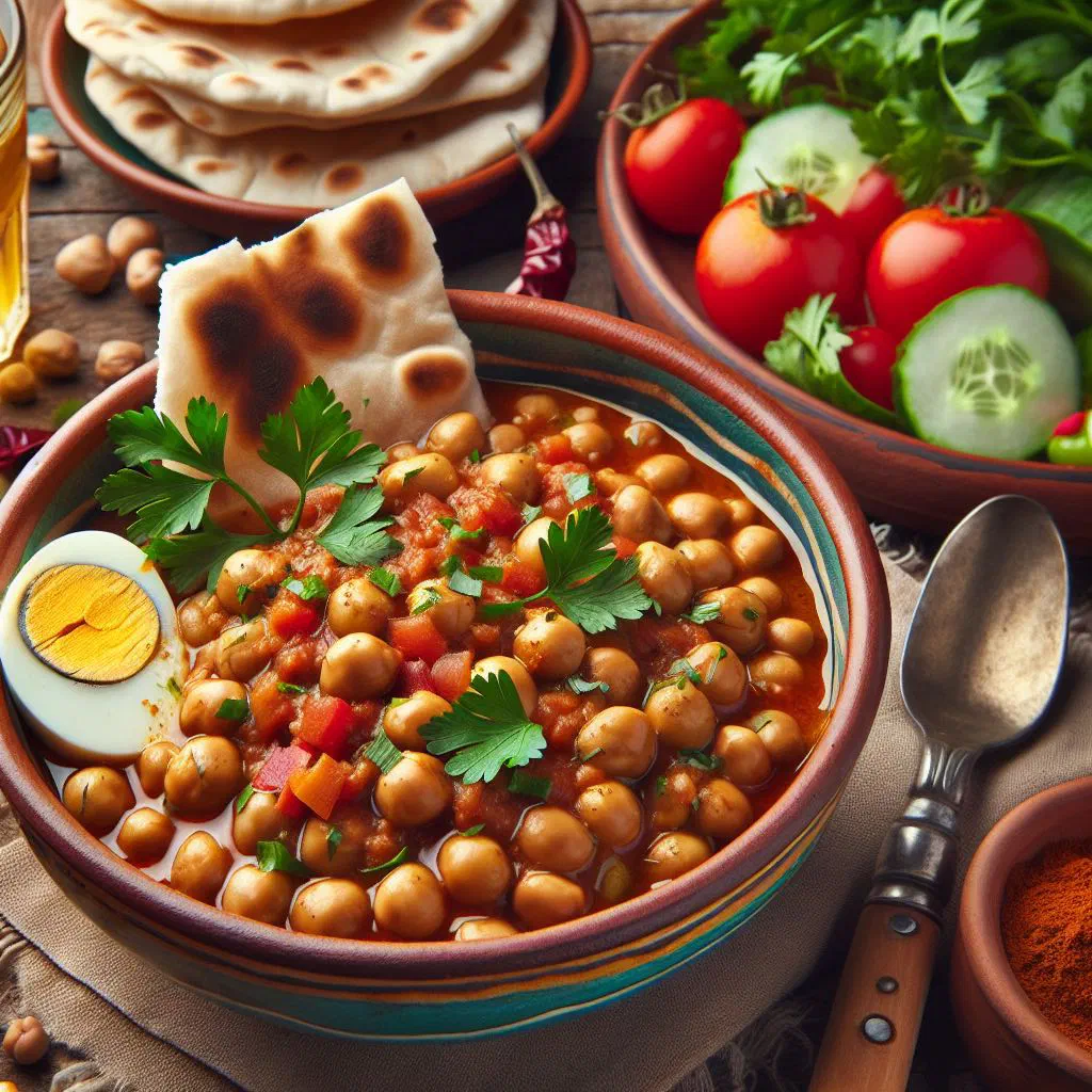 Bowl of Somali fuul medames with mashed peas, chopped tomato and fresh herbs