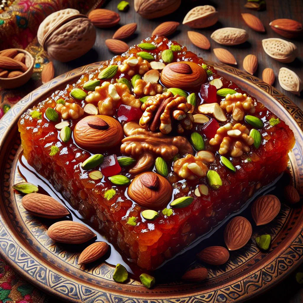 Squares of Somali halwa studded with almonds and pistachios on a plate