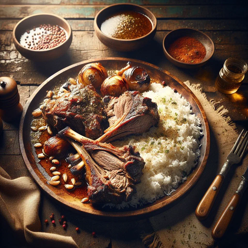 Char-grilled goat meat served on a platter with spiced rice and fresh herbs
