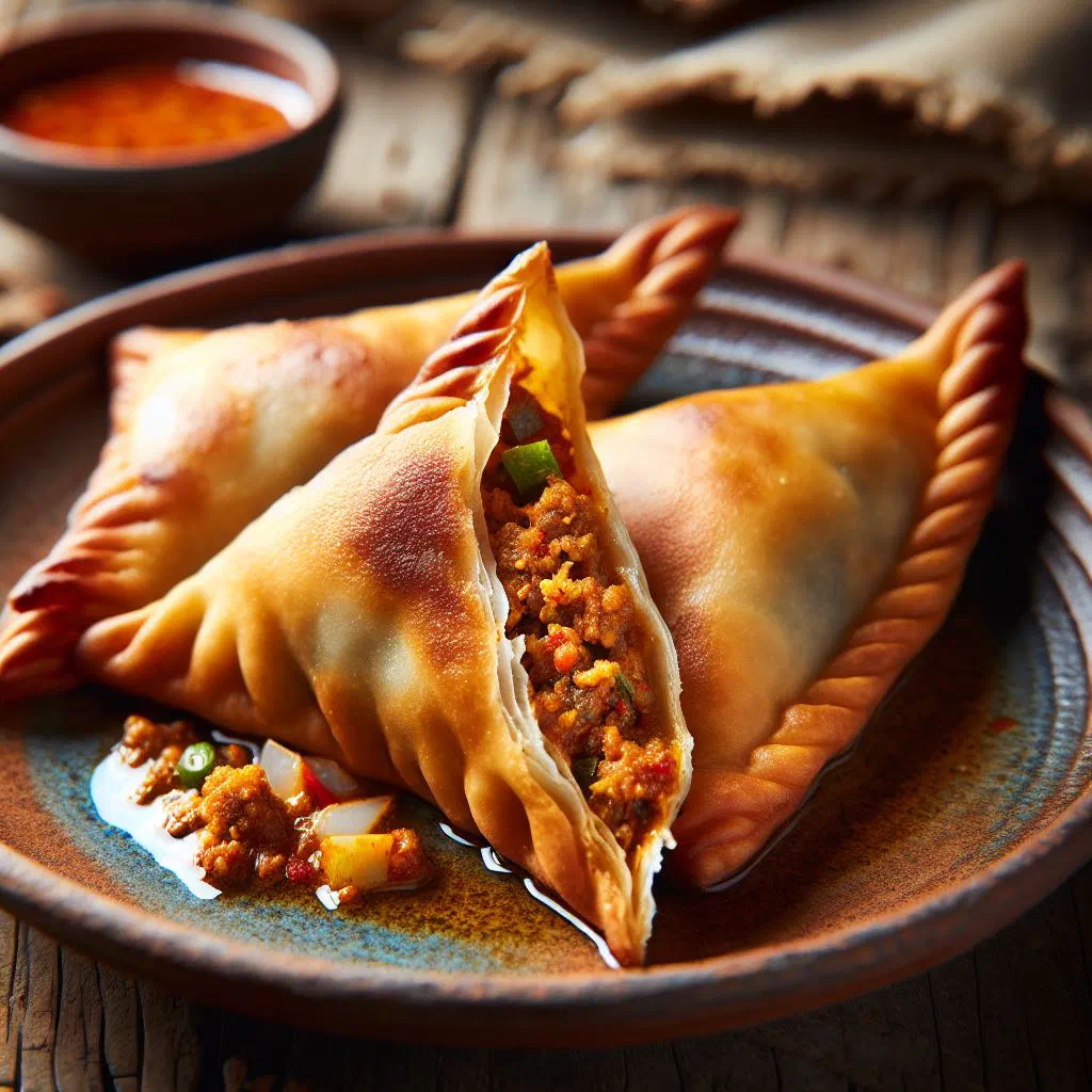 Golden fried Somali sambusa pastries served on a plate
