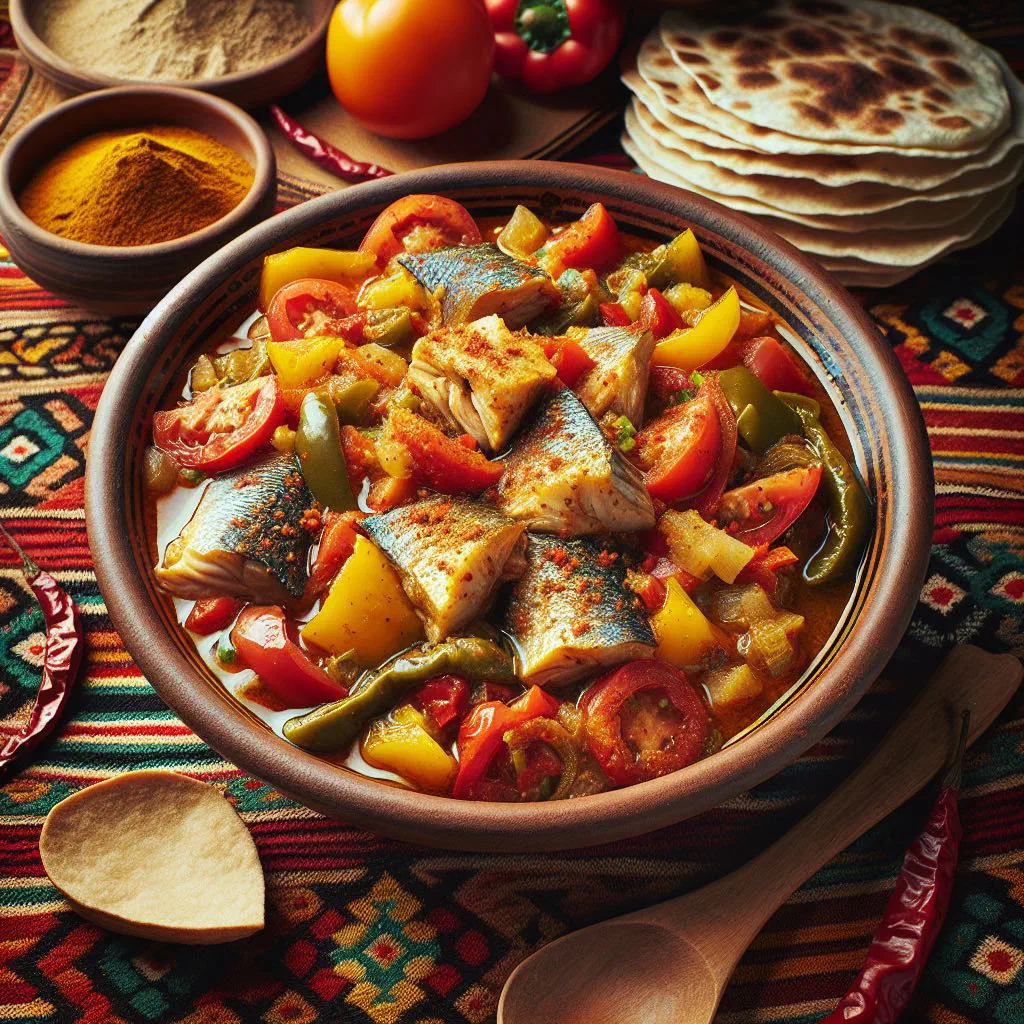 Somali fish stew with tomatoes, peppers and fresh coriander in a deep bowl
