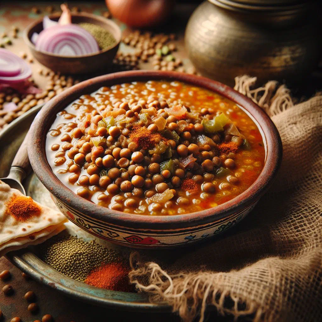 Somali lentil stew in a deep bowl garnished with fresh coriander