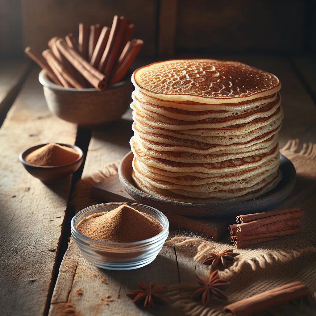 A stack of golden Somali cinnamon pancakes dusted with icing sugar