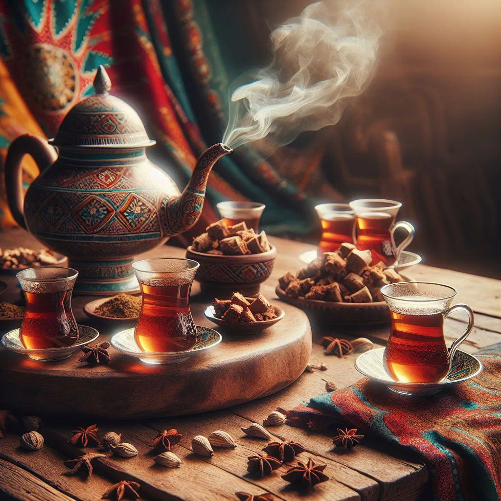 Glass of spiced Somali tea with milk, cinnamon stick and cardamom pods